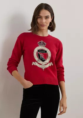 Lauren Ralph Lauren Women's Intarsia Knit Crest Cotton Sweater, Red, Small | Belk