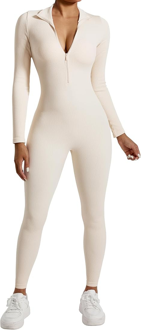 OMKAGI Women Long Sleeve Zip Front One Piece Jumpsuits Ribbed High Neck Workout Yoga Romper | Amazon (US)