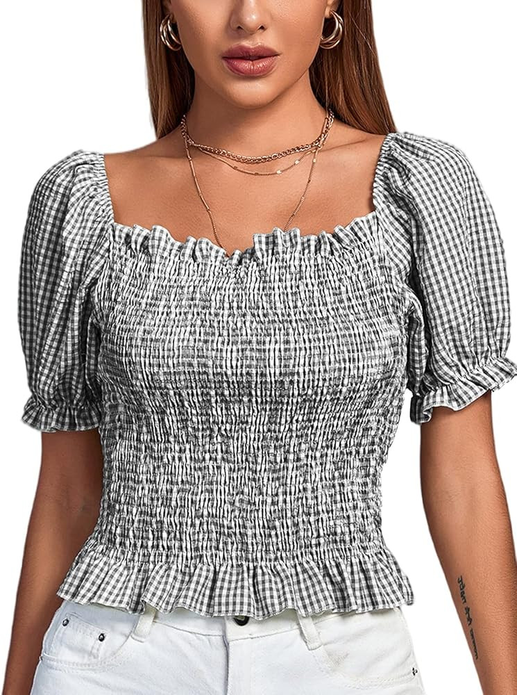 LYANER Women's Ruffle Peplum Smock Gingham Crop Top Square Neck Puff Short Sleeve Blouse Shirt | Amazon (US)