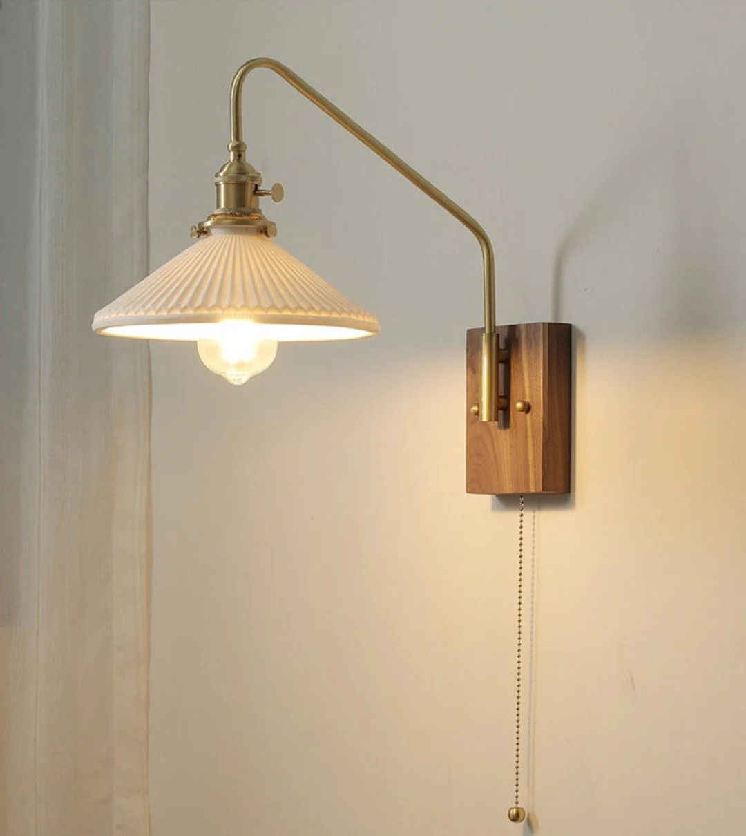 Wall Sconce Art Deco Lamp  Mid Century Bedside Ceramic Fixture Wood Brass  Bathroom Bedroom Rusti... | Etsy (US)