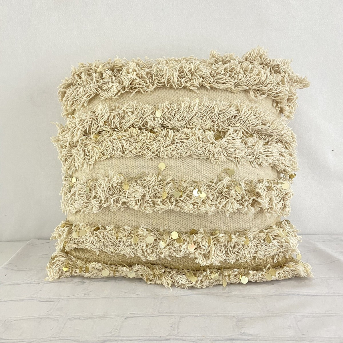 World Market Boho Throw Pillow Covers Woven Textured Fringe Tassel 18" Sequins | eBay US