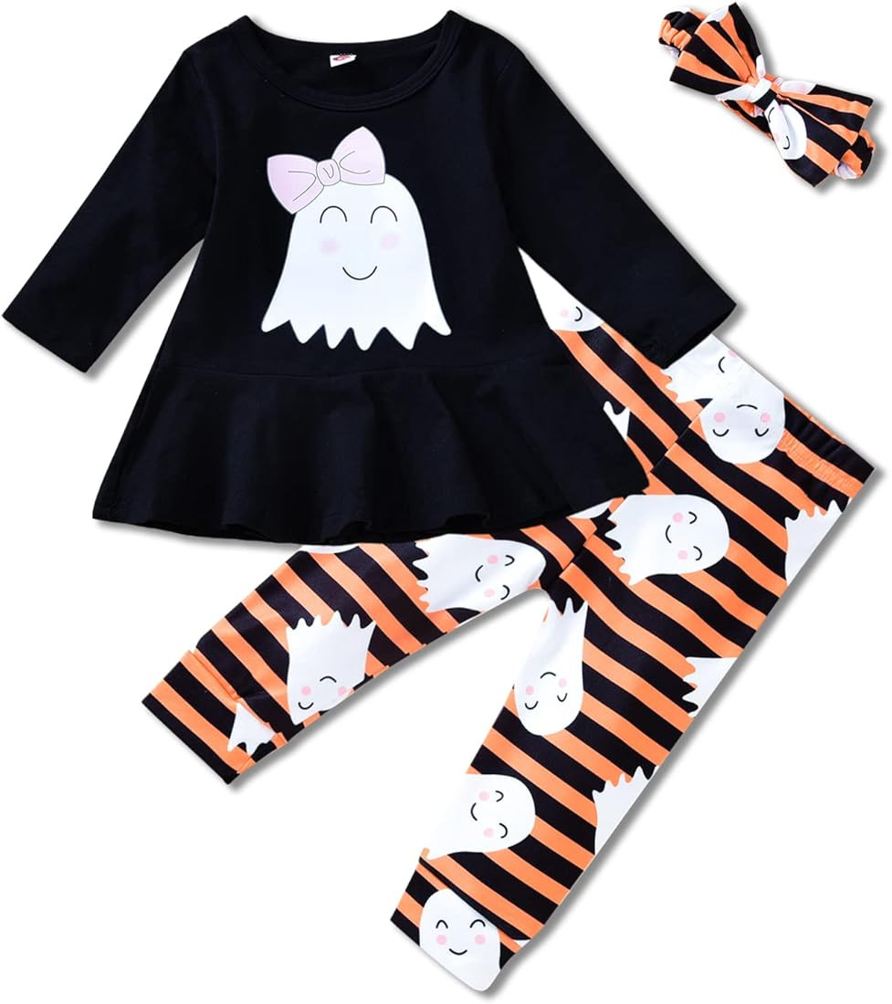 DOOLECK Toddler Baby Girl Halloween Outfit Pumpkins Ghost Shirt Bell Bottoms Pants Headband Hallo... | Amazon (US)
