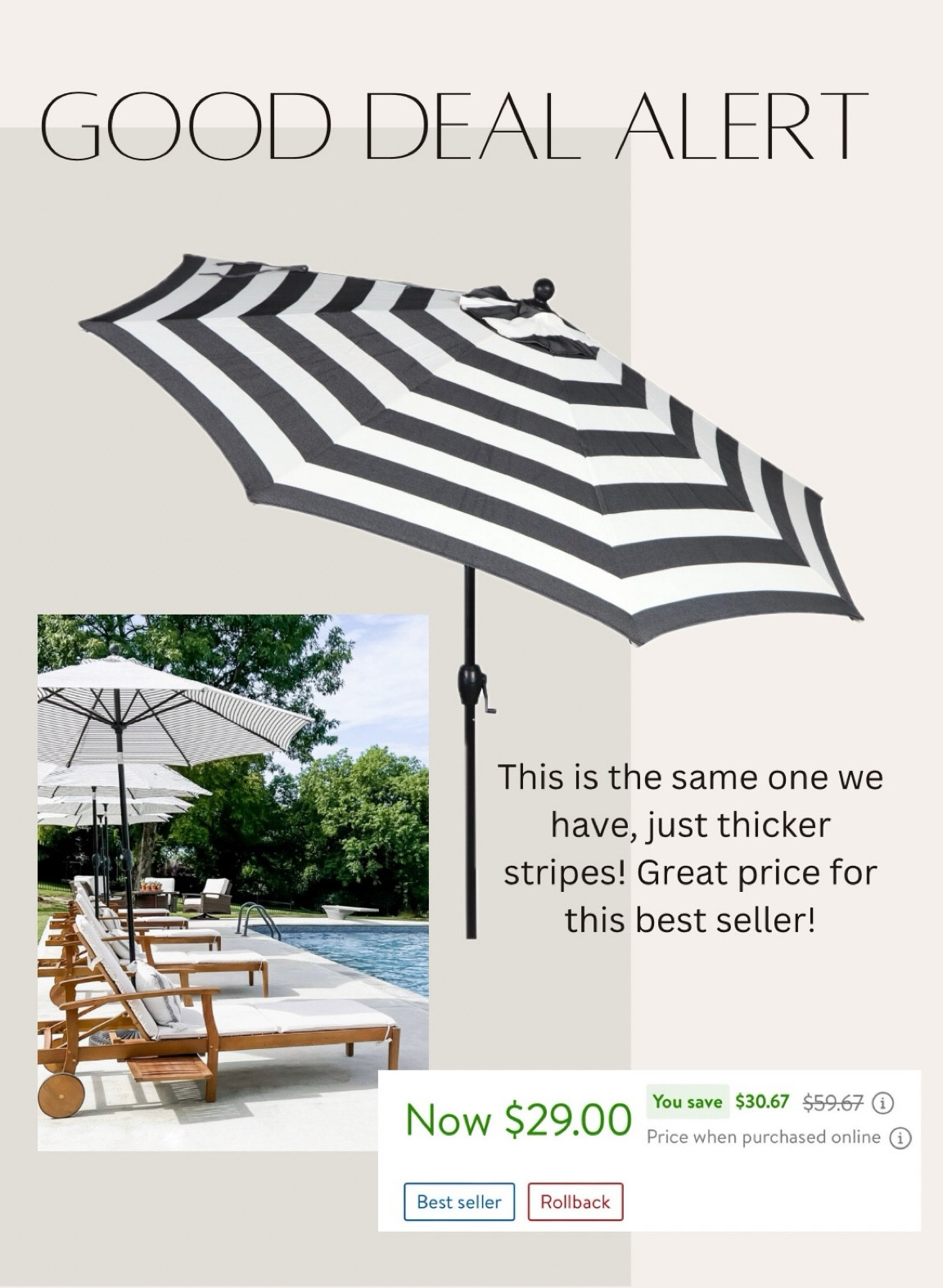 Good deal, alert, outdoor market, umbrella, stripes, black and white poolside, patio and porch furniture and decor winter sale lounge chairs, Walmart finds

#LTKhome #LTKsalealert #LTKfindsunder50