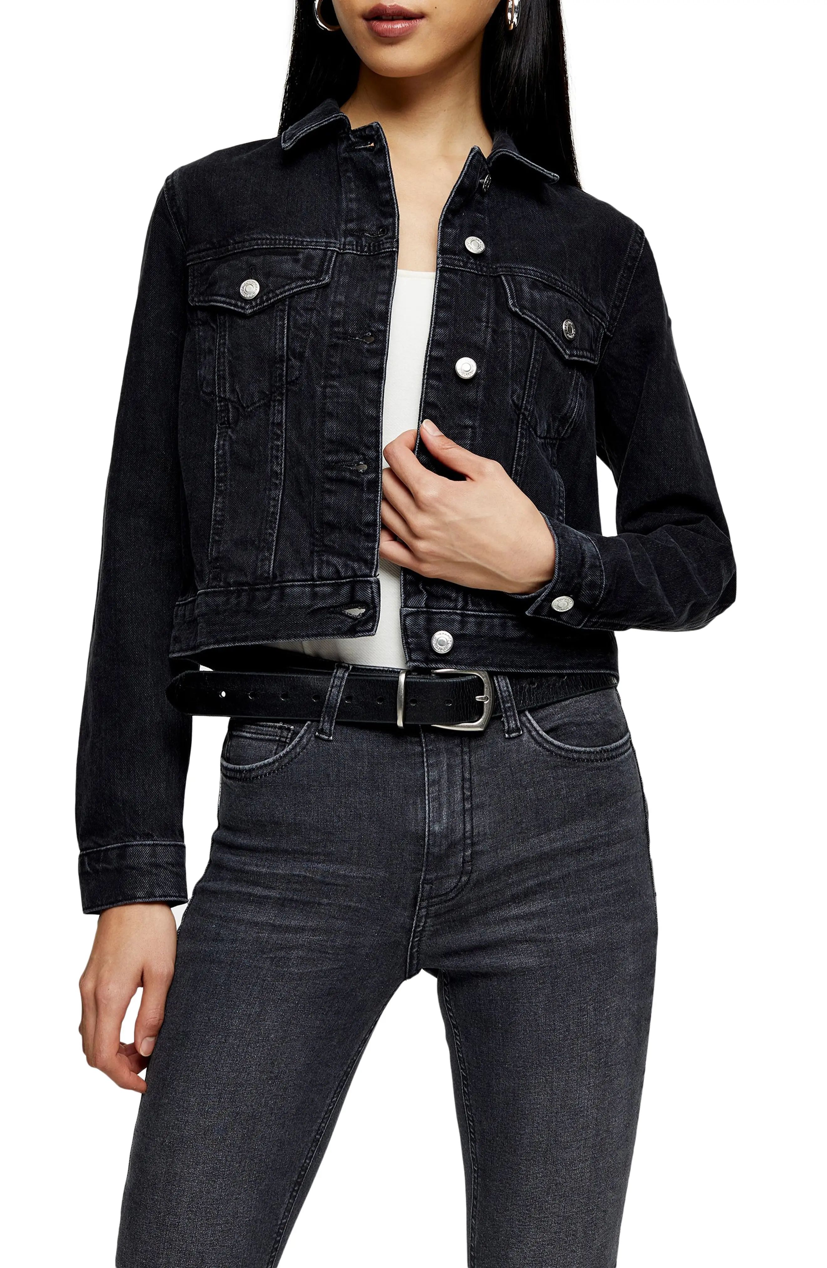 Women's Topshop Tilda Crop Denim Jacket, Size 4 US - Black | Nordstrom