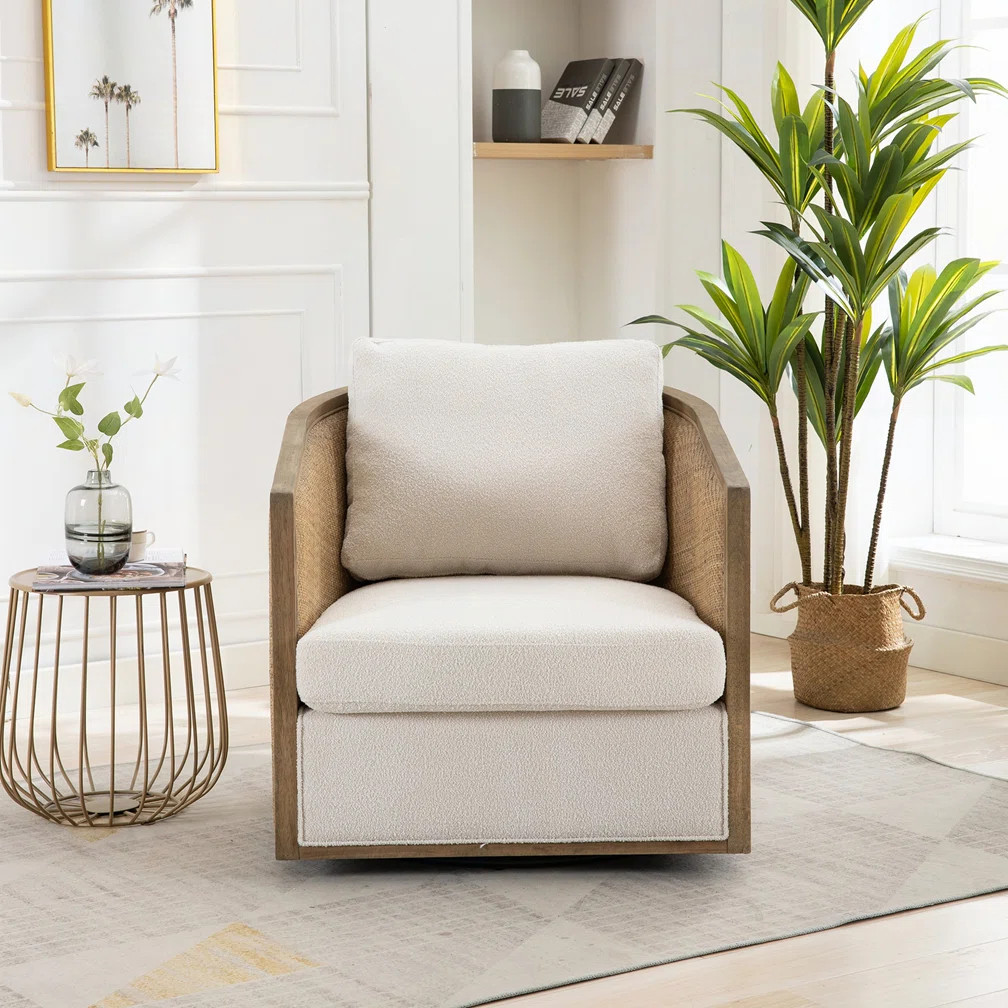 360 Degree Swivel Boucle Swivel Barrel Chair with Rattan Arm | Wayfair North America