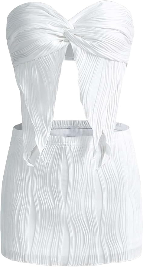 WDIRARA Women's 2 Piece Outfit Twist Front Asymmetrical Hem Crop Tube Top and Bodycon Skirt Set | Amazon (CA)