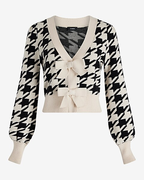 Houndstooth V-neck Bow Cardigan | Express