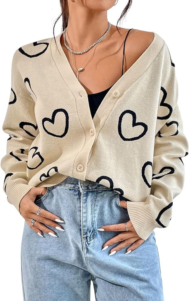 Verdusa Women's Plus Size Button Down Drop Shoulder Printed Sweater Cardigan Outerwear | Amazon (US)