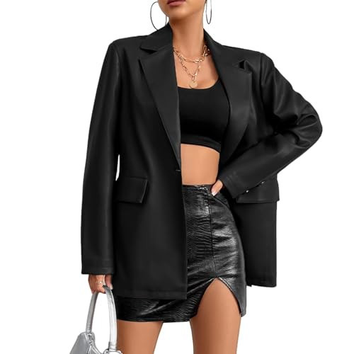 Muzly Women's Faux Leather Jacket Notch Lapel Wide Shoulder Single Button Flap Pockets Pu Leather Jackets Blazer (Black XS) | Amazon (US)