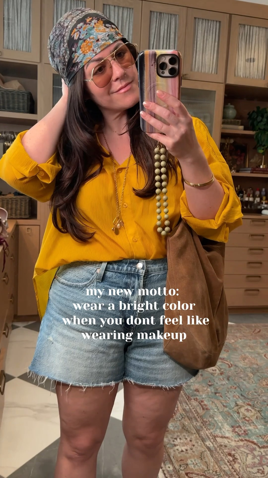 easy summer midsize outfit for running errands 
size 32 in the cut off jean shorts 
large in this lightweight yellow blouse
brown sandals are tts

#LTKootd #LTKMidsize #LTKOver40