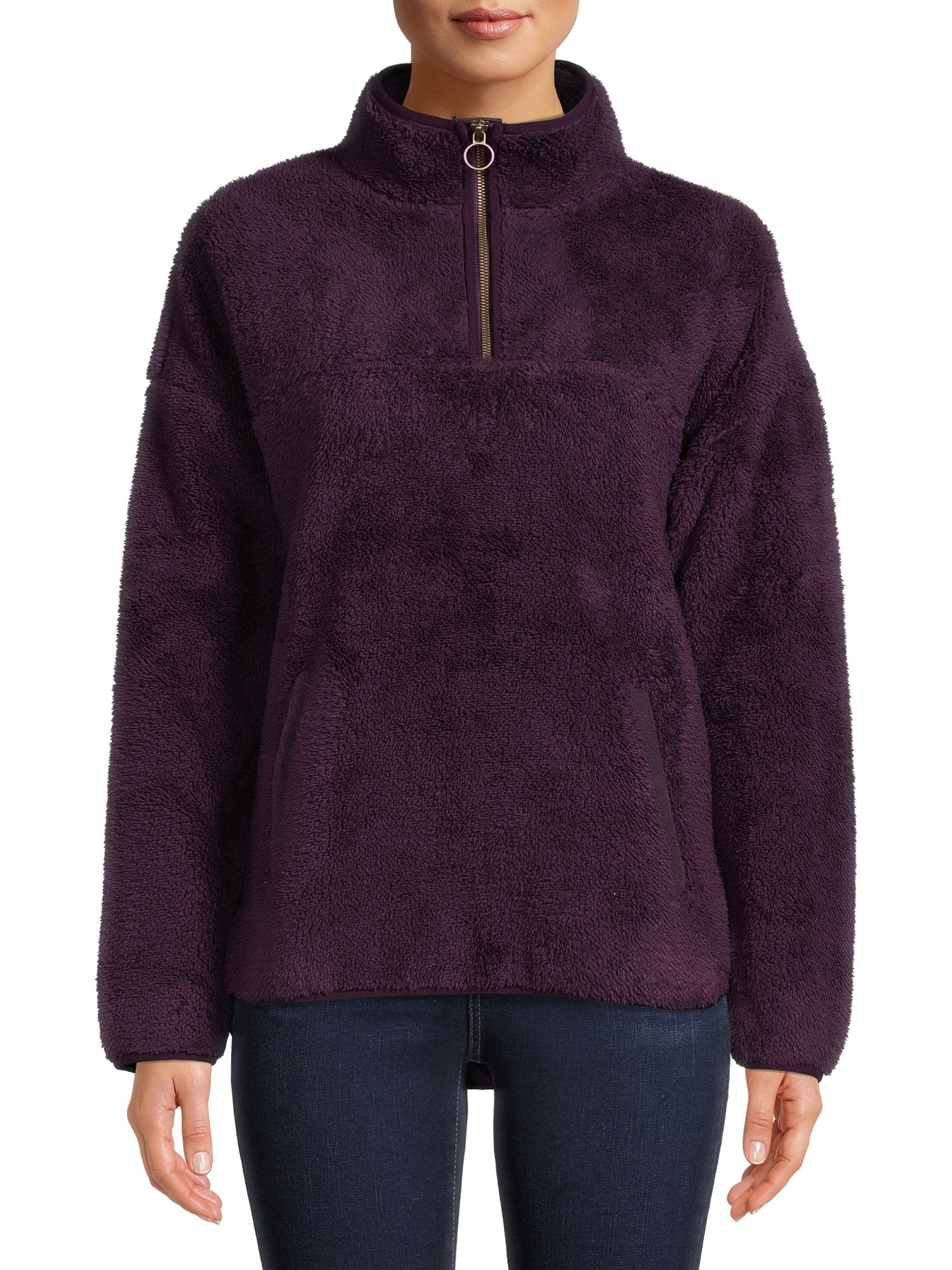 Time and Tru Women's and Women's Plus Size Faux Sherpa Quarter Zip Pullover Top | Walmart (US)