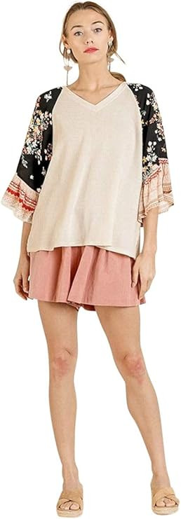 Umgee Women's Mixed Print Bell Ruffle Sleeve Waffle Knit Top | Amazon (US)