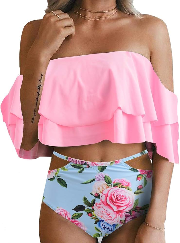 Women Two Piece Swimsuit High Waisted Off Shoulder Ruffled Bikini Set | Amazon (US)