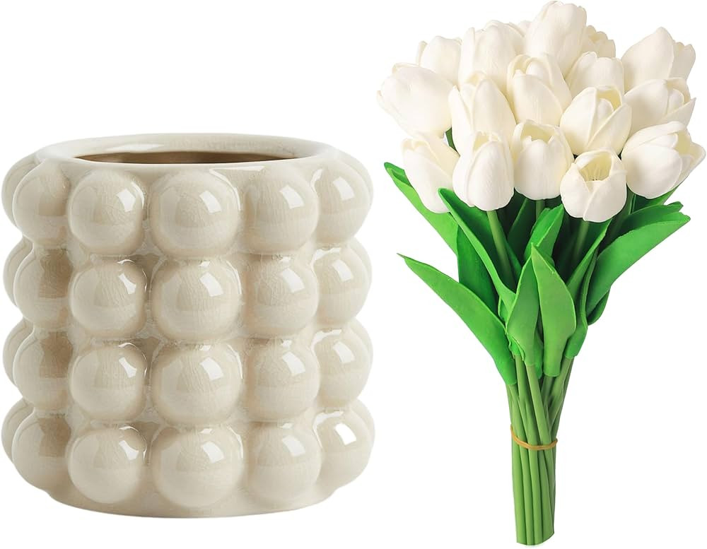 Small Bubble Vase with 20 Pcs Faux Tulips | Amazon (US)