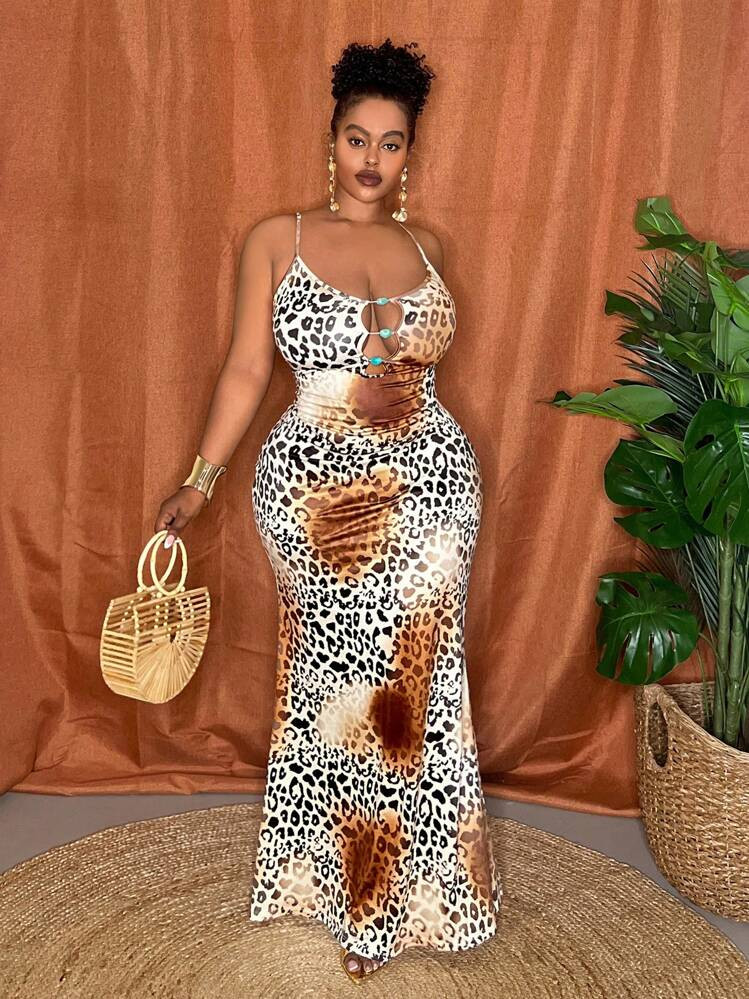 Veslaya 2025 New Spring/Summer Fashion Plus Size Women Retro Western/Tropical Resort/Music Festival/Club/Road Trip/-Travel/Casual City/Graduation Date/Elegant Vacation Fitted Spaghetti Strap Blue Ombre Leopard Hollow Beaded Maxi Dress,Summer Dresses For Women,Maxi Dress | SHEIN