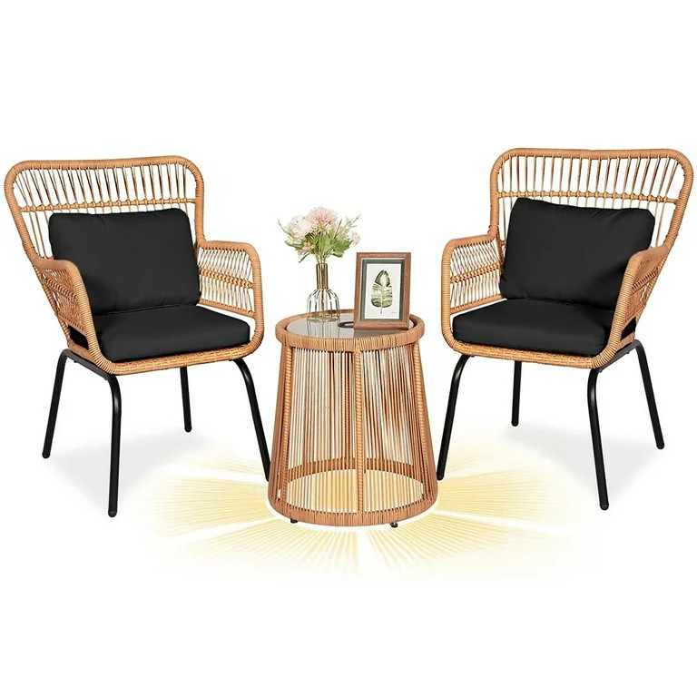 Tappio 3-Piece Patio Conversation Bistro Set Rattan Furniture, Outdoor Patio Set w/Solar Light Gl... | Walmart (US)