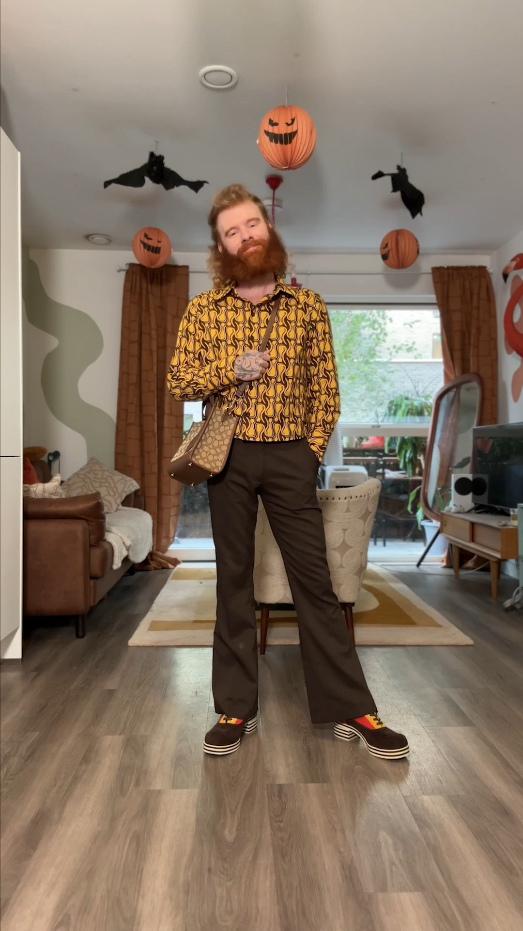 70’s patterned shirt, brown print shirt, brown flared tailored trousers, platform 70’ss jazz shoes, platform patterned boots, asos, coach bag 

#LTKSeasonal #LTKmens #LTKstyletip