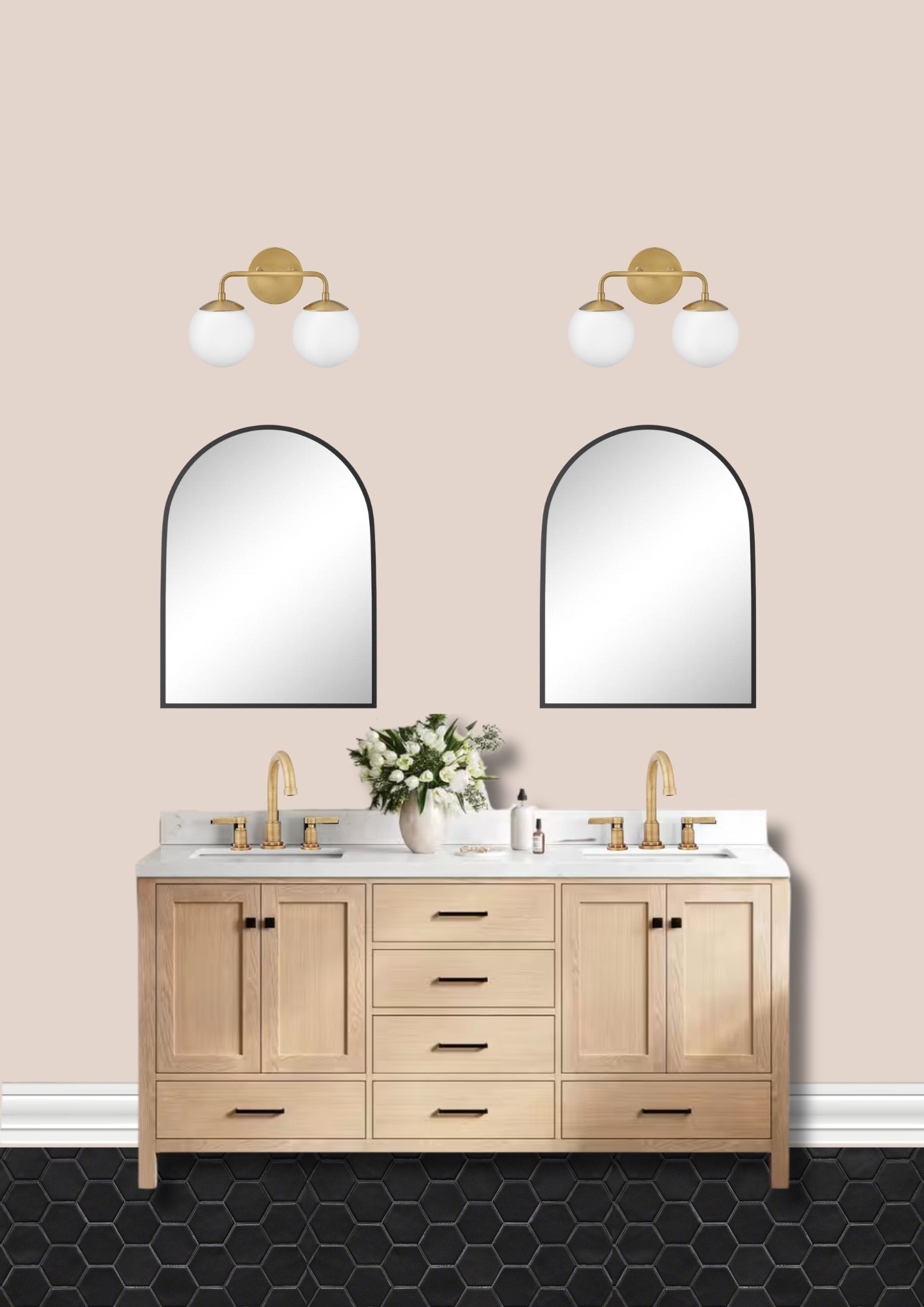 Soft neutrals and timeless design come together in this modern primary bathroom featuring a light wood double vanity, brass hardware, and arched mirrors. The warm Almond Latte paint color ties the space together for an inviting, minimalist feel. Save this look if you love neutral home decor, modern bathroom remodels, or spa-inspired bathroom design ideas.

#LTKFindsUnder100 #LTKHome