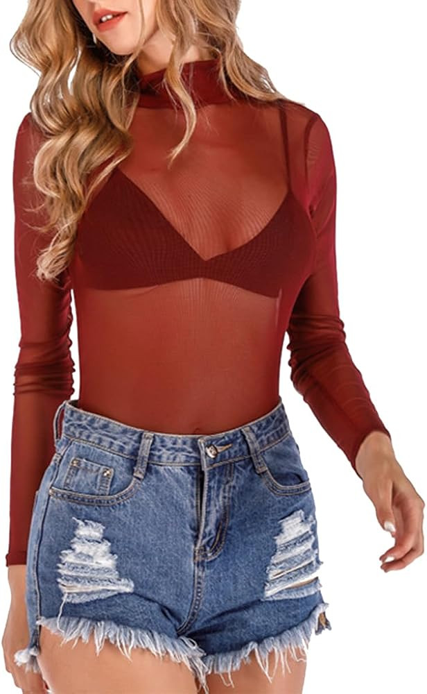 Women's Sheer Tops Long Sleeve Mesh Sheer Top See Through Blouse Shirt | Amazon (US)