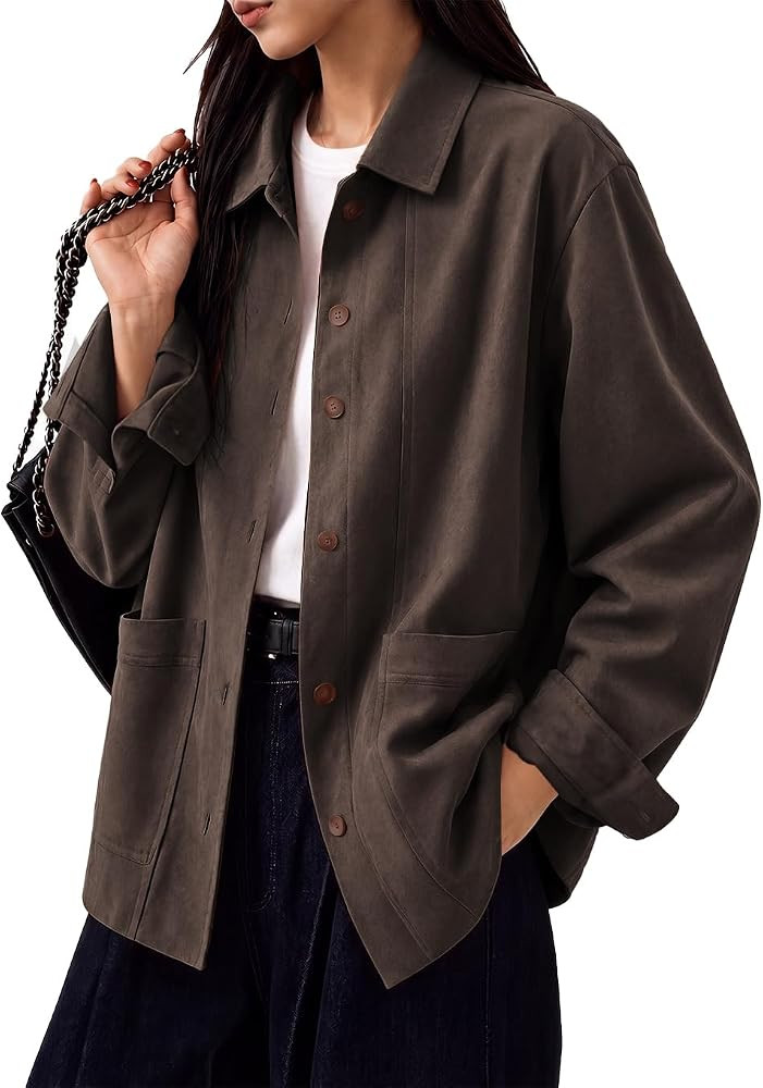 Tankaneo Womens Faux Suede Jackets Long Sleeve Fall Oversized Coat | Amazon (US)