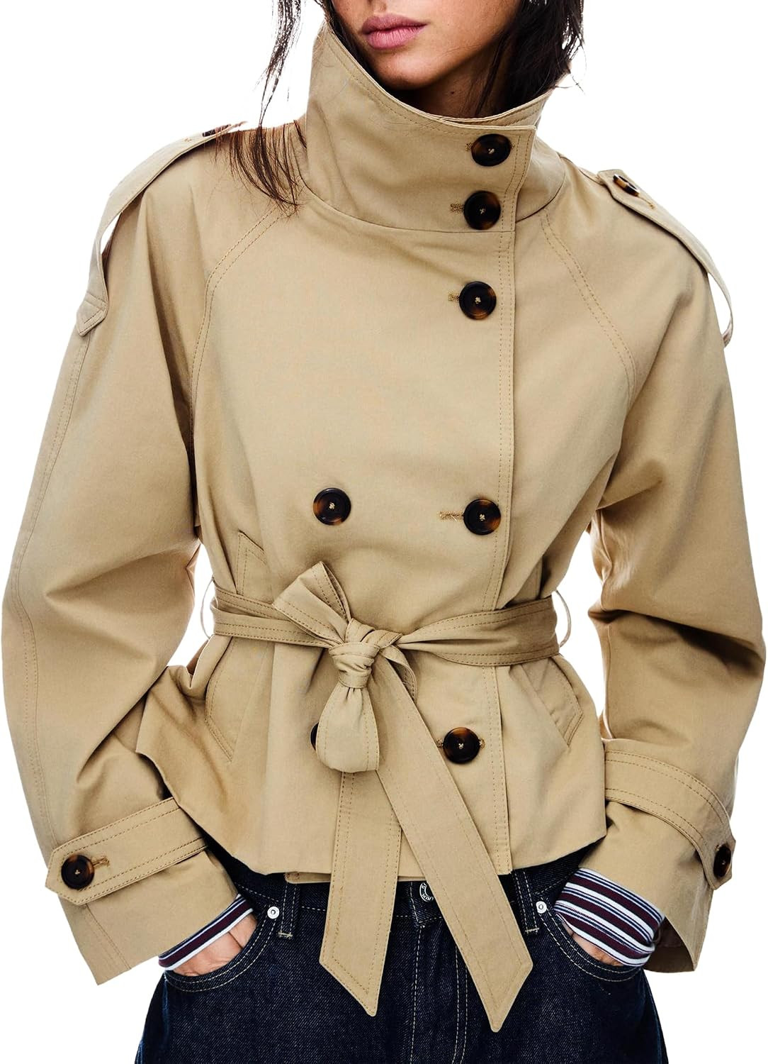 Women's Cropped Trench Coat Double Breasted Short Jacket High Collar Fall Winter Coats Trendy Outfit with Belt | Amazon (US)