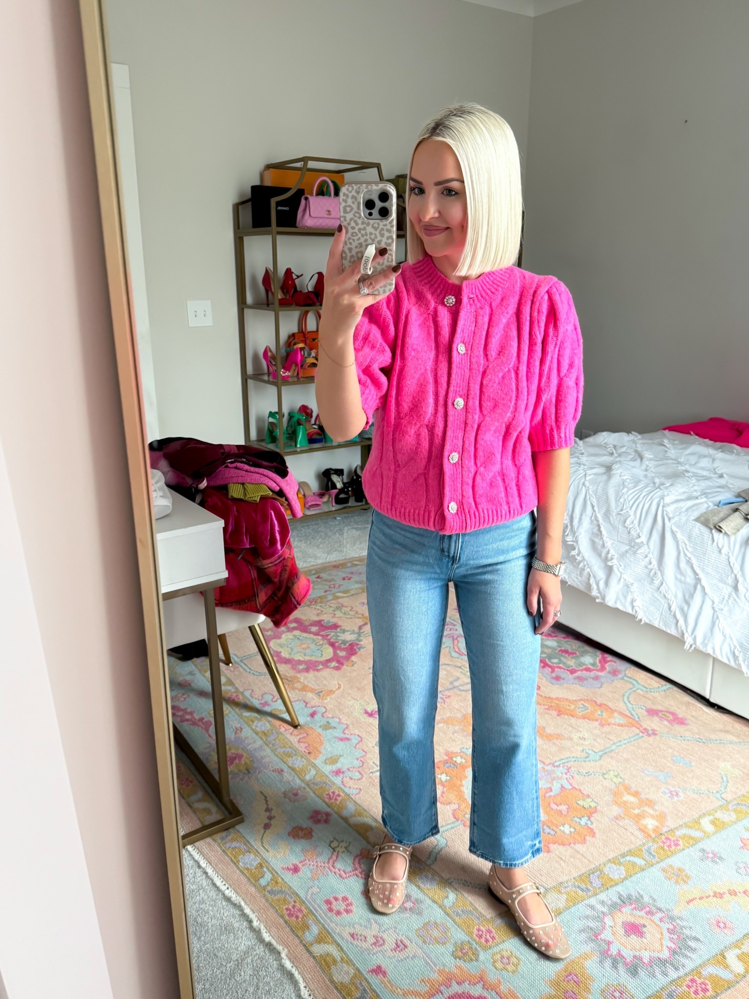 Neon pink short sleeve cable cardigan (XS) / petite straight leg jeans (24 petite) / rhinestone ballet flats (6.5, sized down half) 

#LTKHoliday #LTKStyleTip