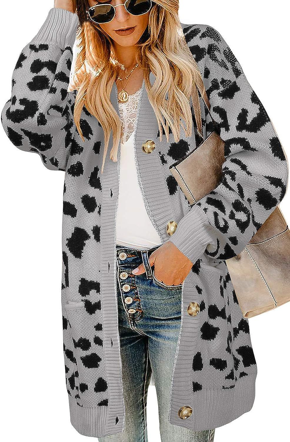Ferbia Women Leopard Cardigan Long Open Front Sweaters Oversized Loose Knit Coat Draped Jackets w... | Amazon (US)