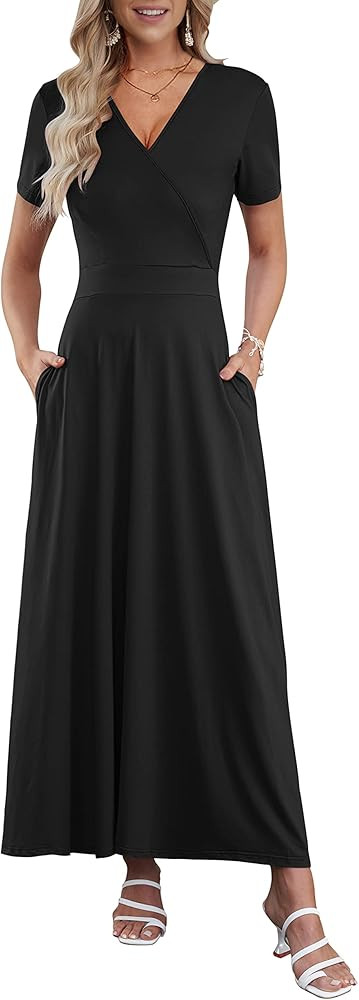 AUSELILY Women's Summer Maxi Dress Short Sleeve Floral Print Bohemian V Neck with Pockets | Amazon (US)