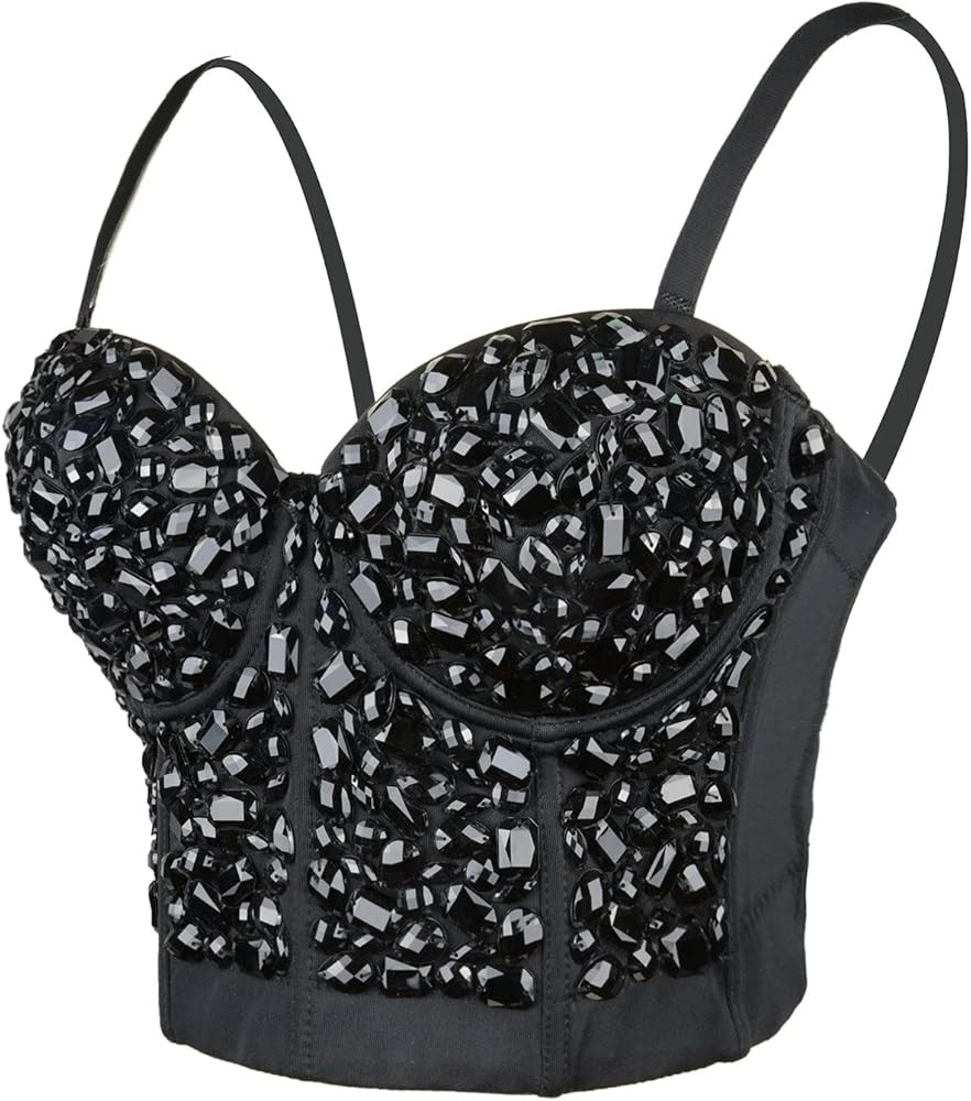 ELLACCI Women's Sexy Rhinestone Punk Bustier Crop Top Push Up Corset Bra Black | Amazon (US)