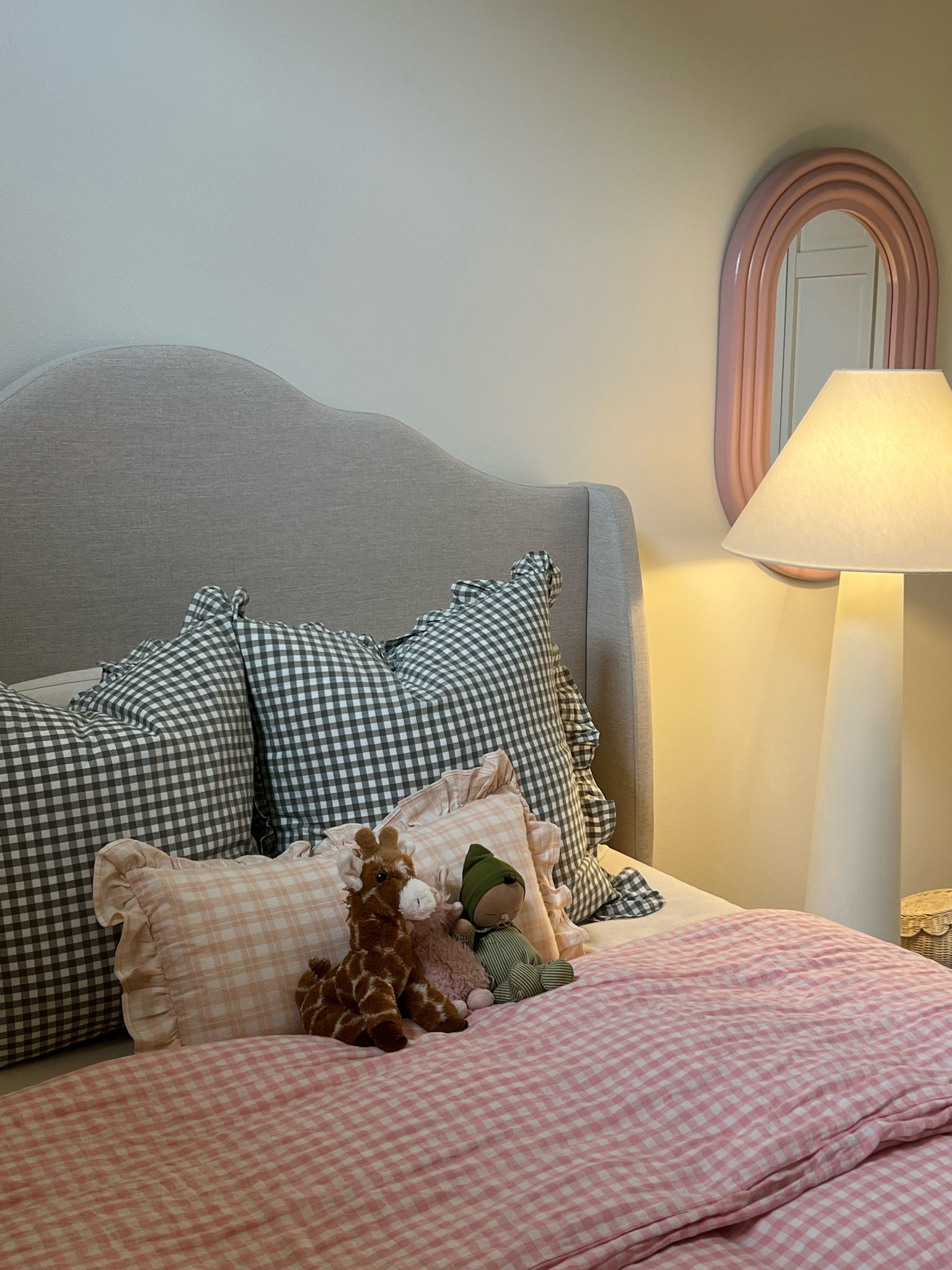 Taya big girl room! Bed and sheets are a queen. Love these blackout curtains from Amazon!! Cutest gingham green pillows are so nice. Love these baskets for toys. Lamp is my fave! Pink mirror was from home goods 

#LTKKids #LTKFindsUnder100 #LTKHome