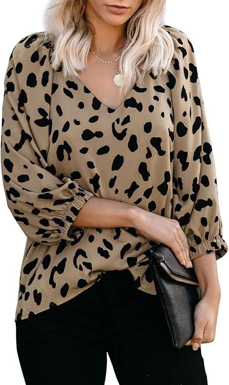 Womens Casual V Neck 3/4 Lantern Sleeve Leopard Print Blouses Tops Shirts | Amazon (US)