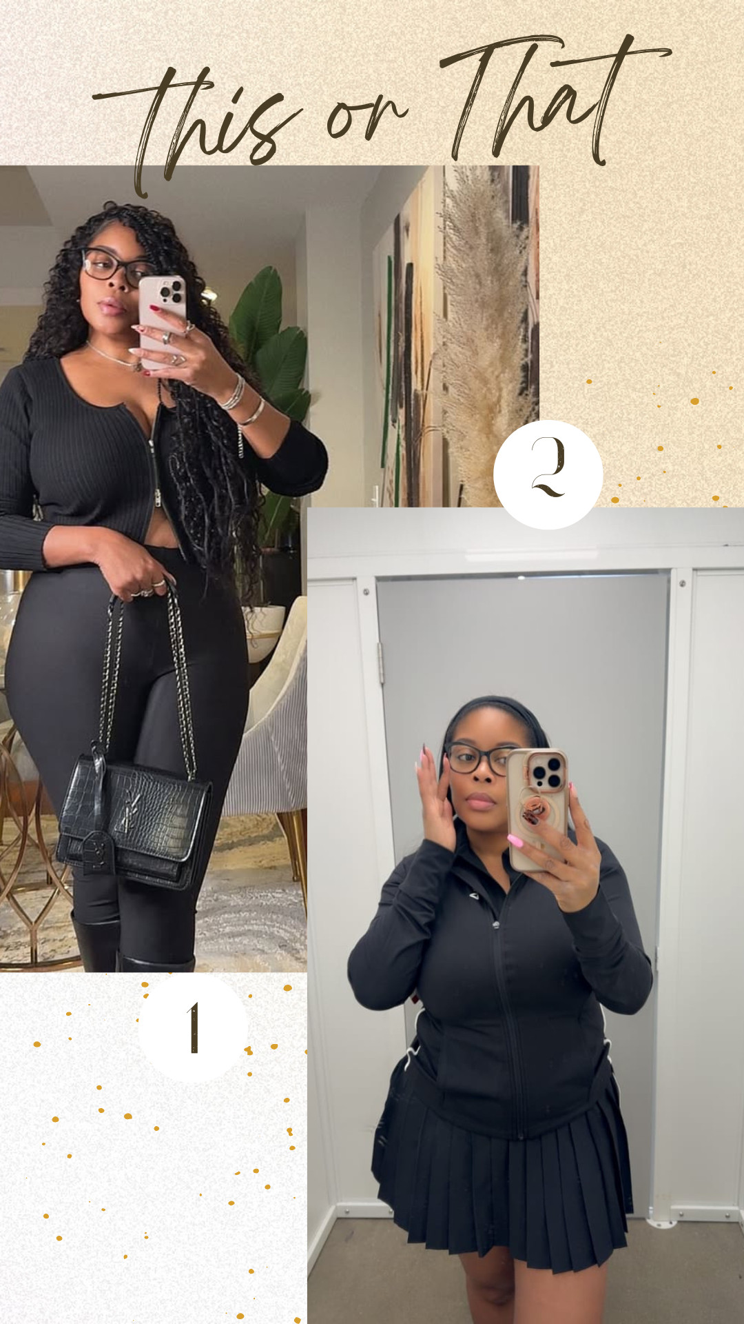 This or That: Cozy ribbed zip-up crop + shiny leather leggings for everyday slay... OR sporty zip-up jacket + pleated mini skirt for tennis-core vibes? 🔥🖤 Vote in comments: 1 or 2? Which one's your fave for date night or brunch? Shop both #ThisOrThat #CurvyFashion #LTKStyle #OutfitPoll #BlackOutfitGoals" 

 #LTKdayinmylife #LTKSeasonal #LTKActive