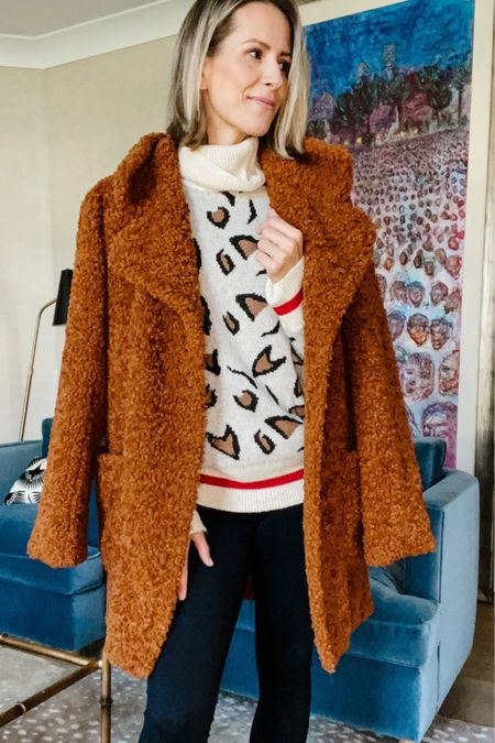 The temps have dropped, which means all of my cozy sweaters and coats are coming out of hibernation.

This leopard sweater from last year is back! It’s super cozy and long enough to wear with leggings. My exact teddy coat is from last year and almost sold out. I’ve linked similar options in all price points below.#LTKHoliday

#LTKSeasonal #LTKstyletip