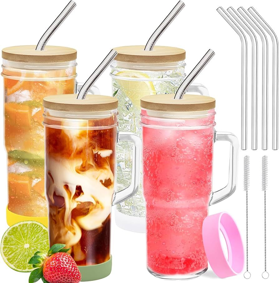 4-Pack 24oz Glass Tumbler Cups with Handle, Bamboo Lids, and Straws - Reusable Mason Jar Drinking... | Amazon (US)