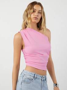 Minimalana Women's Summer Side Pleated One Shoulder Sleeveless Top | SHEIN