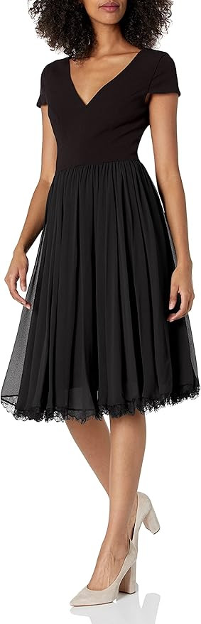 Dress the Population Women's Corey Plunging Mix Media Cap Sleeve A-line Midi Dress | Amazon (US)