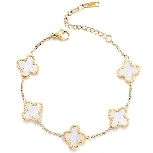 TICVRSS 18K Gold Plated Clover Bracelet for Women Van Cleef White Flower Bracelet Lucky Four Leaf Link Bracelets Necklace Jewelry Gifts Trendy for Women | Amazon (US)
