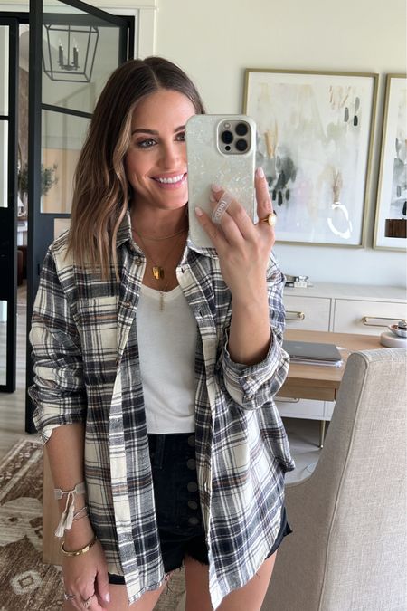 Wearing small in white tee and fall flannel  (HBDALEXA20 works for 20% off at Red Dress until 8/25/23 at noon) // shorts old from Abercrombie // boots tts // casual fall outfit 


#LTKsalealert #LTKunder50 #LTKshoecrush