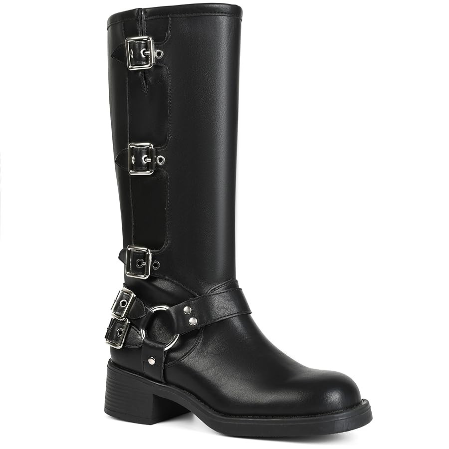 AMINUGAL Knee High Boots Women Square Toe Pull On Wide Calf Riding Fashion Buckles Chunky Metalli... | Amazon (US)