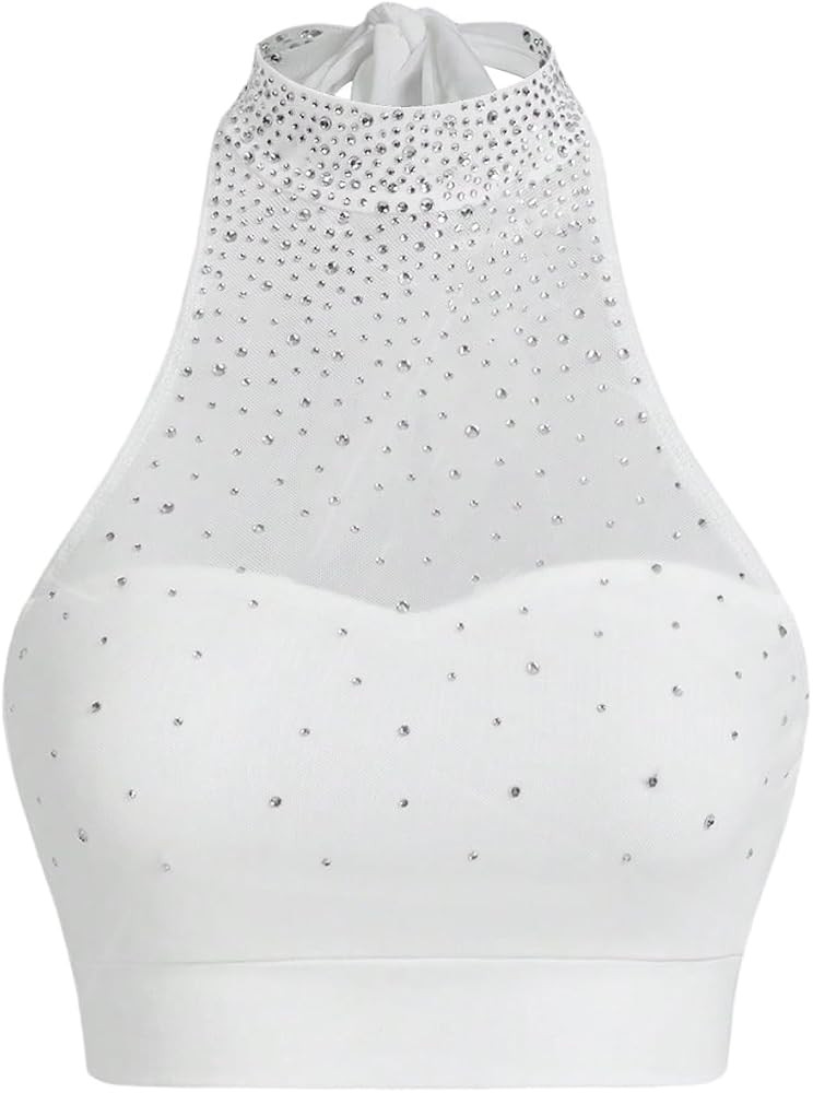 Floerns Women's Sleeveless Sheer Mesh Halter Tops Rhinestone Party Crop Tank Top | Amazon (US)