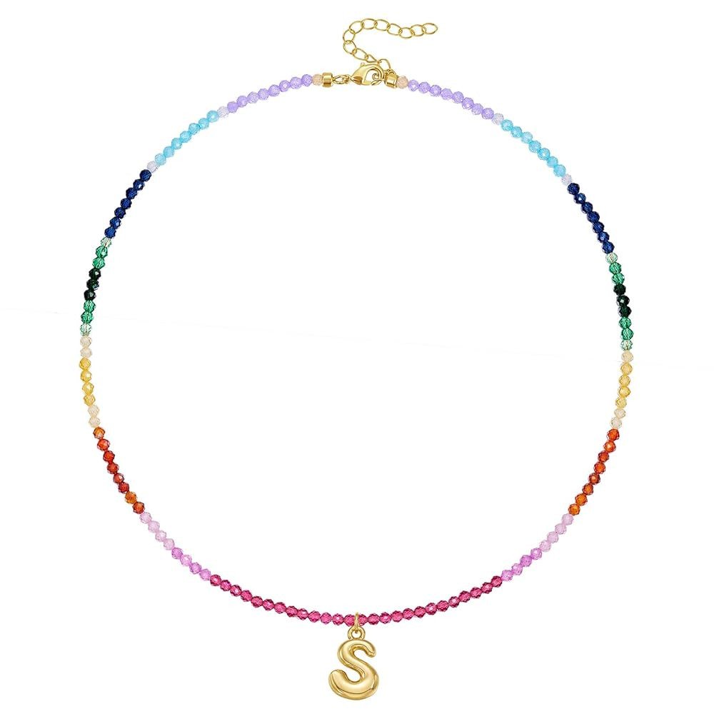 KissYan Beaded Initial Necklace for Women, 14K Gold Plated Bubble Letter Pendant Rainbow Gemstone... | Amazon (US)
