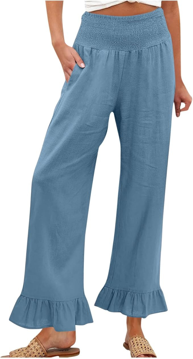 Woman Fashion Ruffle Hem Pant Smocked Elastic High Waist Long Pants for Women Linen Spring Fall T... | Amazon (US)