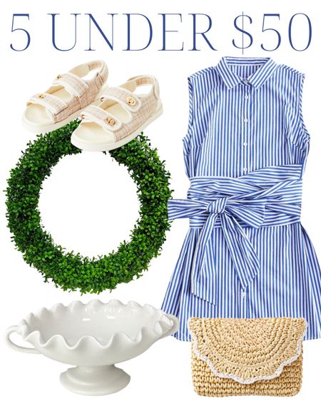 Blue and white striped sleeveless bow dress, white gold brass woven raffia woven sandals, white wave edge bowl with handles ruffle white scalloped, boxwood wreath, raffia woven jute white scalloped clutch bag purse 

#LTKhome #LTKstyletip #LTKunder50
