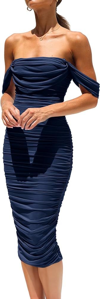 PRETTYGARDEN Womens Summer Off The Shoulder Ruched Bodycon Dresses Sleeveless Fitted Party Club M... | Amazon (US)