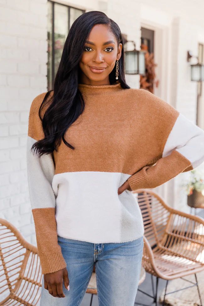 Distracted Love Brown Coloblock Mock Neck Sweater | The Pink Lily Boutique