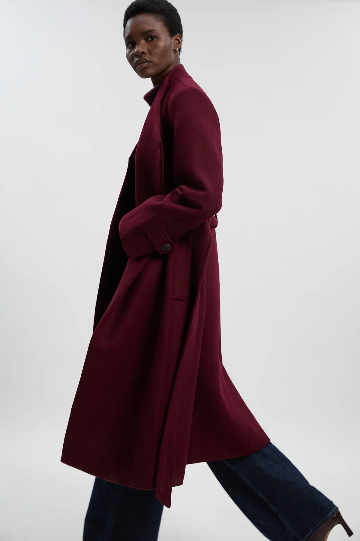 Wool Wrap Neck Tailored Belted Midi Coat | Karen Millen US