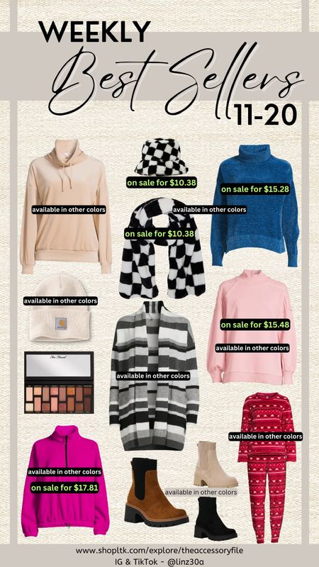 This past week’s best sellers 11-20.

Funnel neck pullover, super soft plush bucket hat and scarf, chenille turtleneck, carhartt beanie, striped cardigan, mixed media sweatshirt, too faced eyeshadow palette, fleece pullover, Chelsea boots, plush pajama set, winter fashion, winter outfits, Walmart fashion finds, Walmart must haves 

#LTKfindsunder50 #LTKSeasonal #LTKsalealert