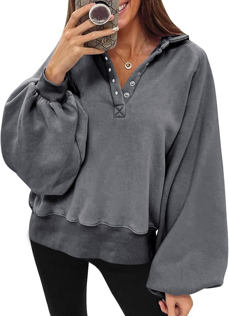 Dokotoo Womens 2022 Fashion Oversized Loose Lantern Sleeve Button Collar Pullover Sweatshirts Tops | Amazon (US)
