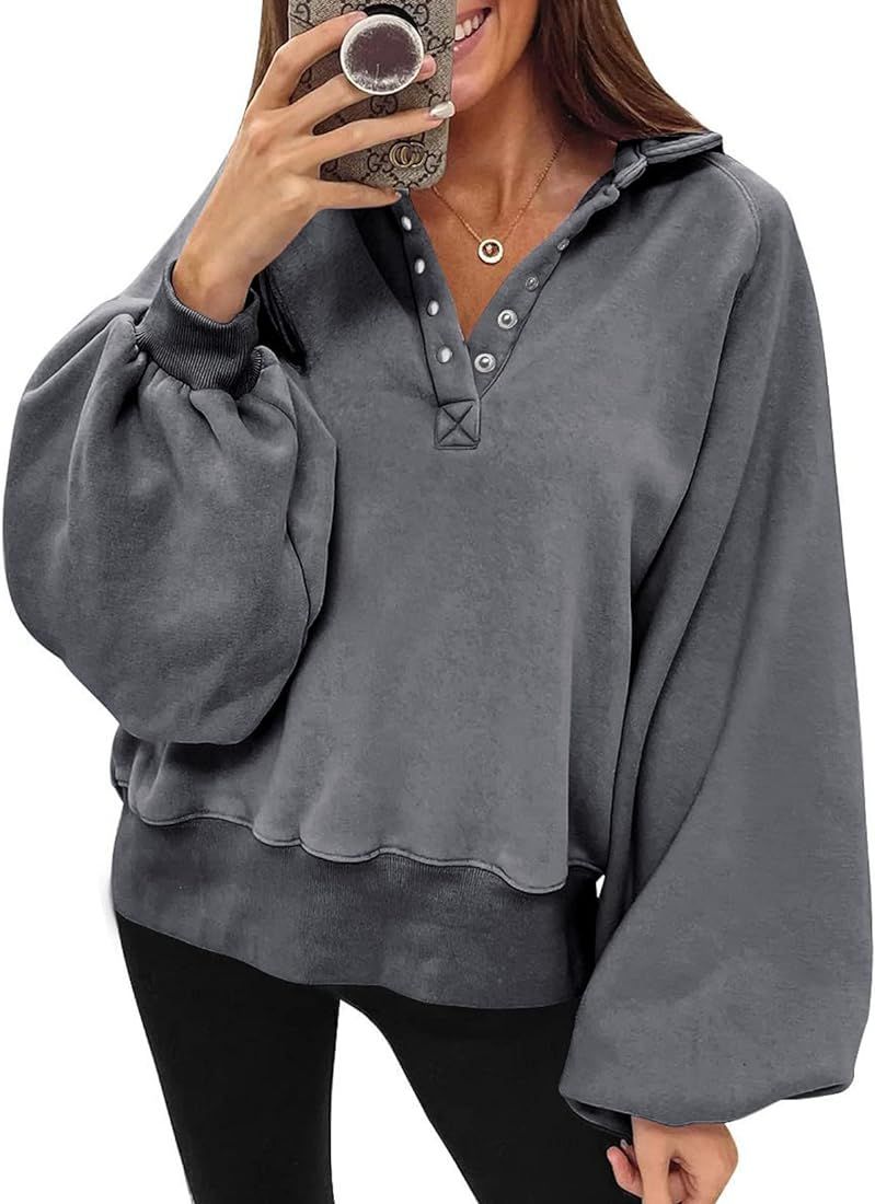 Dokotoo Womens 2022 Fashion Oversized Loose Lantern Sleeve Button Collar Pullover Sweatshirts Tops | Amazon (US)