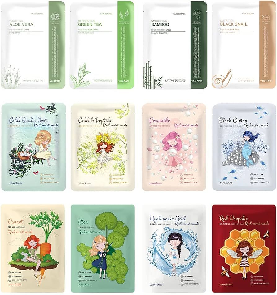 Veraclara] Facial Face Mask | Korean Skin Care Mask (12 Combo) | Amazon (US)